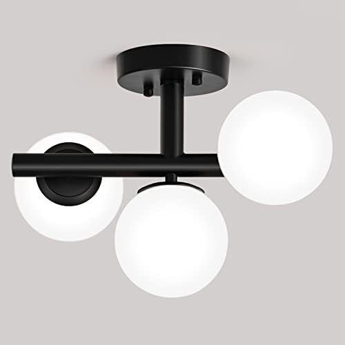 PEBLTO Modern Black semi-semi-montagem Luz de teto, Globo de vidro fosco branco Sputnik Mount Mount Teto Light, luminária clássica de 3 luzes para hall de entrada, cozinha, quarto, corredor