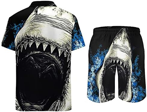 Dentes de tubarão maligno Men 2 peças Hawaiian Set Button-Down Shirve Shirts Calças de praia Faixa Fit