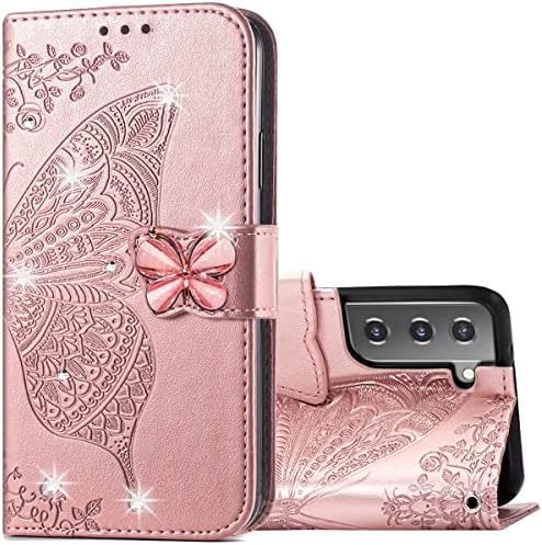 Monwutong Cartet Case para Samsung Galaxy S22 Plus, Caixa de couro de Butterfly Patterfly 3D com fecho magnético e capa de slots de cartão de dinheiro para Samsung Galaxy S22 Plus HZD Rhinestone Rose Gold Rose Gold
