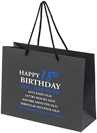 Sacos de presente de 18º aniversário - Papel preto com alças de corda - Bolsa de presente médio e ecológica - Contagem