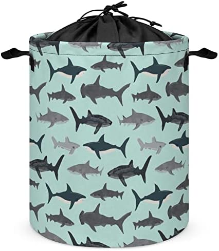 Tubarão redondo para lavanderia cesto de armazenamento à prova d'água com tampa e alça de cordão