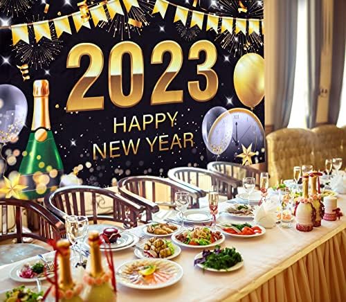 2023 Banner de decorações de ano novo, cenário preto e dourado 2023, Banner de Feliz Ano Novo, 2023 Ano Novo Supplies