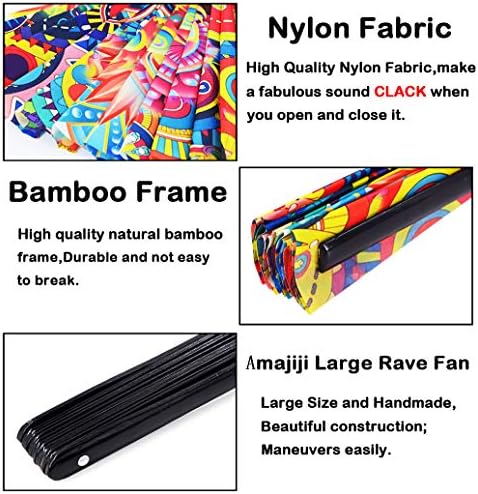 Amajiji Grande Fã de Rave Dobragem para Mulheres/Homens, Chinease/Bambu Japonês e Fã de Mão Dobring de Bambu e Nylon, Fã