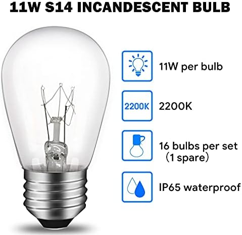 Luzes de cordas externas de 48 pés com 16 11W S14 Edison Bulbs, preto IP65 IP65 Conectável Luzes externas String para Patio Cafe Bistro Garden Backyard Porch, UL listado