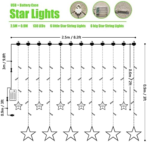 12 estrelas LED LUZES DE CURNATE COM CONTROLE DE REMOTO Impermeável 138 LEDS Twinkle Lights Usb Powered for Bedroom Garden