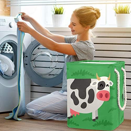 Mapolo Lavanderia cesto verde vaca vaca dobrável cesta de armazenamento de lavanderia com alças suportes destacáveis ​​bem segurando à prova d'água para a organização de brinquedos para roupas no quarto da sala de lavanderia