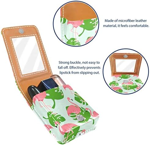 Mini estojo de batom com espelho para bolsa, Flamingo Monstera Leaf Portable Case Holder Organization