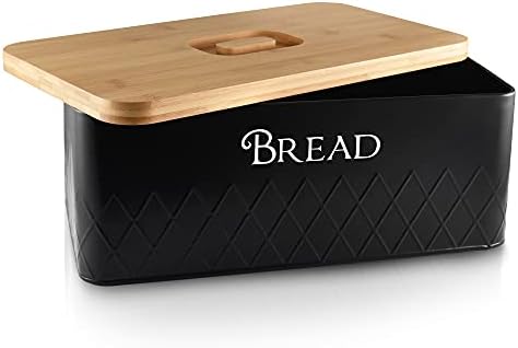 Baking & Beyond Bread Box com tampa da tábua de bambu, 13 x7,5 x5 pão que economiza espaço para bancada de cozinha, suporte de recipiente de armazenamento de pão, lixeira de pão - pães frescos, preto