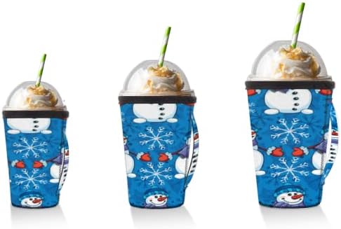 Padrão de boneco de neve Natal azul reutilizável cafeteira gelada com manga de neoprene para refrigerante, café com leite,