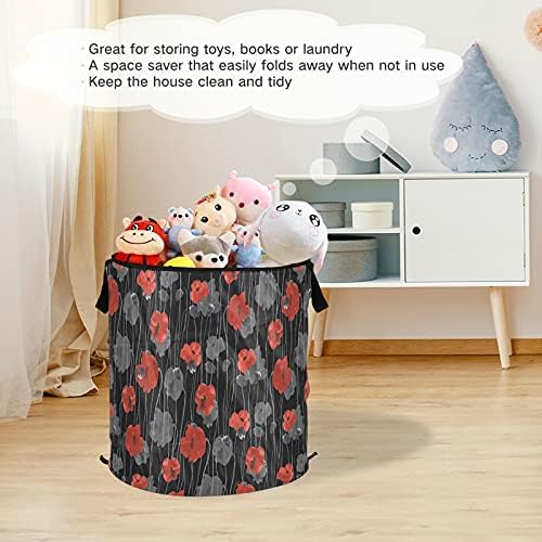 Flores cinzas vermelhas Propa de lavanderia com tampa de cesta de armazenamento dobrável Bolsa de lavanderia dobrável para dormitório
