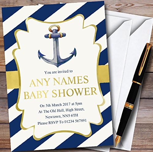 Anchor náutico de ouro e azul convites de chá de bebê personalizados