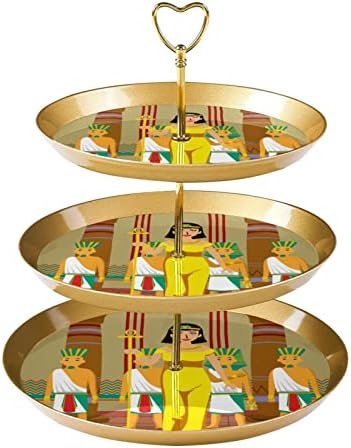 Torre de suporte de cupcakes de plástico de 3 camadas com bandeja de porção em camadas, árvore da torre de cupcakes dourados, antigo Egito do Egito Cleópatra Sobremesa Display para Candy Fruit Donuts Cake