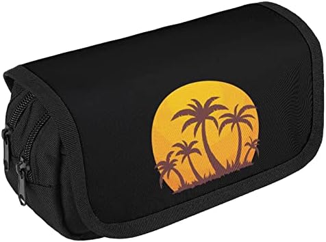 Hawaii Sunset and Palm Trees Case Lápis Bolsa de caneta dupla de caneta de grande capacidade Saco de papelaria para o