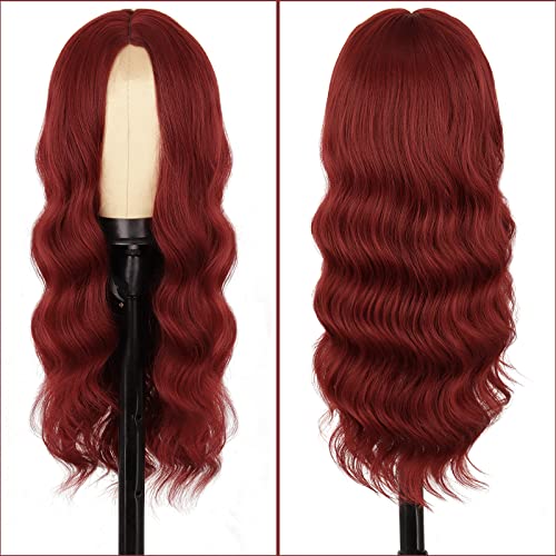 Linghang Long Wine Curly Red peruca longa onda corporal perucas Borgonha para mulheres Parte do Médio Parte ondulada com raízes escuras Raízes sintéticas resistentes a fibras de fibra de Halloween