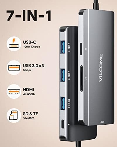 USB C Hub, Vilcome 7-1-1 Usb C a 4K Adaptador multiporto HDMI, com leitor de cartão SD/TF, 3 portas USB 3.0 e entrega