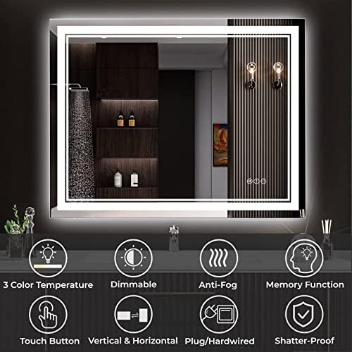 Awardeeee 36x28 Mirror de banheiro LED com espelho dianteiro e retroiluminado, espelho de banheiro diminuído com 3 luzes coloridas, espelho de vaidade iluminada inteligente para parede do banheiro com anti-capa, memória, vidro temperado à prova de quebra