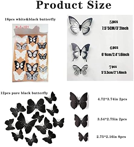 30 PCs 3d Decoração de parede de borboleta, preto Glitter branco Removível Butterfly Wall Stickers para decorações
