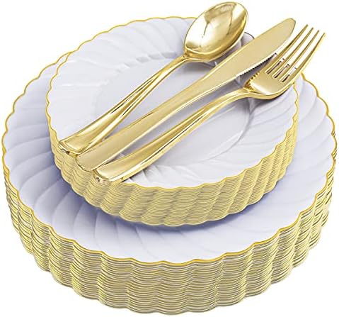 Placas de plástico azul de 125pcs - talheres de plástico dourado - placas descartáveis ​​da Marinha incluem 25 pratos de jantar, pratos