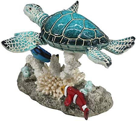 Tartaruga marinha de polirresina confortável e dois peixes em estatueta de coral para decoração em casa, coleção multicolorida,