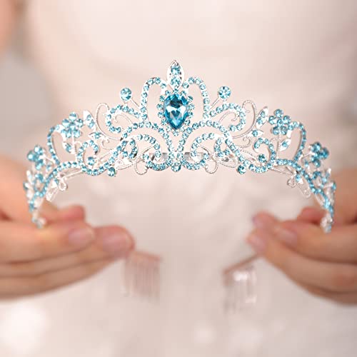 Tiara de prata de Jwicos para mulheres Tiara de cristal azul claro e coroa para mulheres e meninas Coroa elegante com a faixa da
