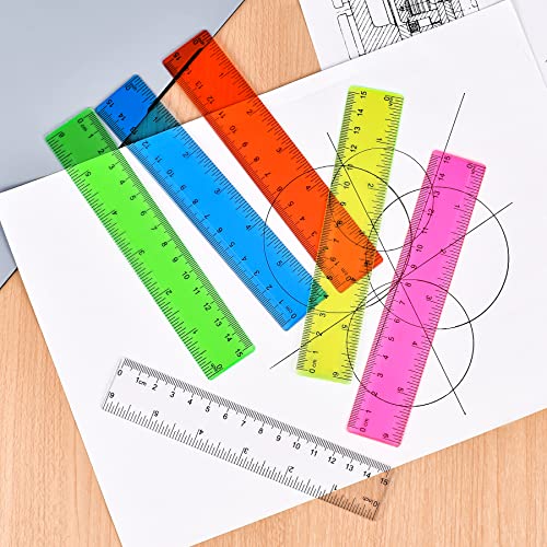 Régua de plástico transparente de UNJOO, régua reta de 6 polegadas, cores variadas a granel, régua à prova de quebra com polegadas e centímetros para a sala de aula da escola, casa ou escritório