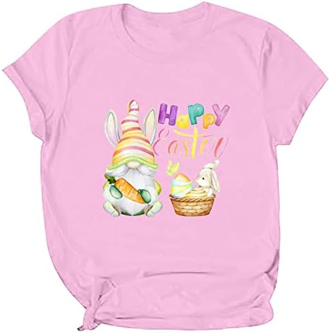 Feliz Camisas da Páscoa para mulheres Gnome ovos de gnome coelho Bunny T-shirt pescoço redondo de manga curta Tops de verão Tees