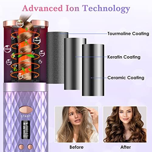 Ferro de curling automático, abatador de cabelo automático sem fio com 6 temperaturas e temporizadores, cambista recarregável