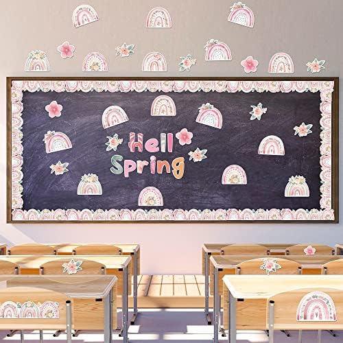 Cy2side 98pcs Hello Spring Boho Rainbow Flower Cutouts Bulletin Board para decorações em sala de aula Bohemian Rainbow Cardboard