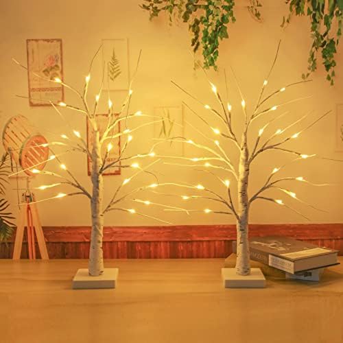 Birch iluminado de 2 mochilas para a mesa, árvore de natal de bétula de 2 pés com luzes, 24 LEDs Luz quente de bétula