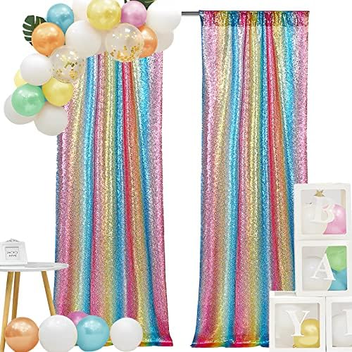 Hahuho Rainbow Lantejoura de cortina de lanterna, cortina de pano de fundo 2pcs 2f8ft glitter para festas, Natal, casamento, decoração