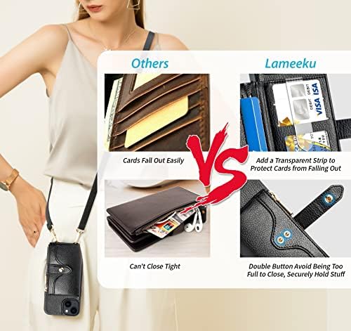 Lameeku Compatível com a carteira de caixa do iPhone 14, capa de telefone de couro de bloqueio de RFID com cinta