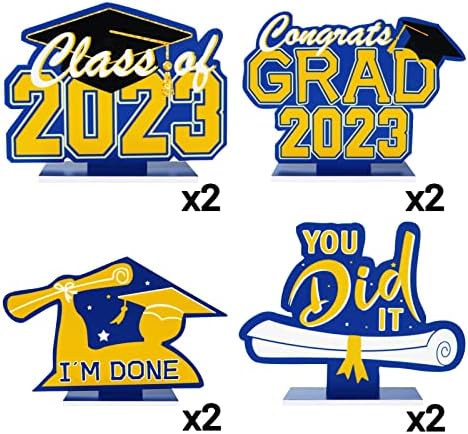 Decorações de graduação Humfoo Blue e Ouro Parabéns Classe de pós -graduação de 2023 Kit de decoraion de mesa de mesa central 8pcs