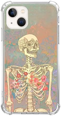 Qxydgklt skeleton Bone Art Case compatível com iPhone 13, capa de arte do caveiro de flores vintage para iPhone 13,
