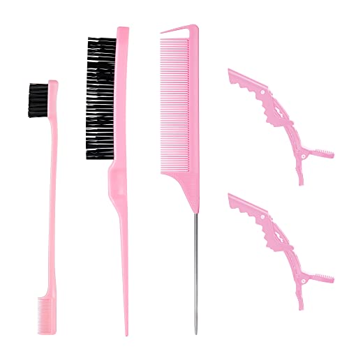 5 peças pente de pente de pente de cabelo rosa - arestas pincel de controle, pincel de cerdas, pente de rato de rato,