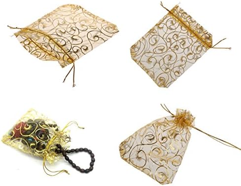 Favorias de casamento pequenas sacolas de presente, 100pcs 3,9x4,7 polegadas de orgânia de ouro para festas bolsas de doces de
