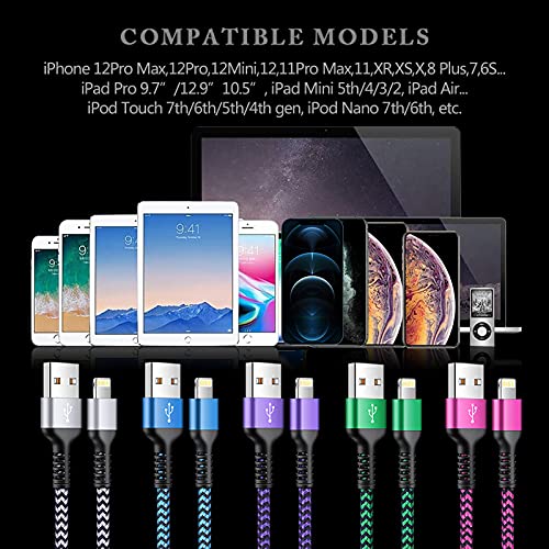 [3/6/10ft-5pack] carregador de iPhone Apple Cabos de iluminação certificados Cabos telefônicos Cabo de dados de dados de nylon trançado