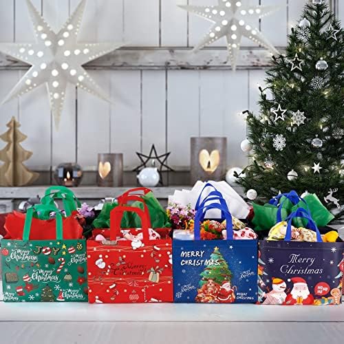12 Pacote de sacolas de presente de presente de Natal com maçaneta, compras não tecidas para compras de compras de supermercado Saco de renas de rena de snow boneca para férias de Natal, 12,2 x 9,8 x 4,5