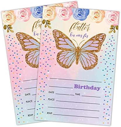 Cartões de convite de aniversário da LWBEO, convites de festa de borboleta floral, suprimentos de decoração de festas de feliz aniversário para crianças, 20 cartões de preenchimento com envelopes para meninos ou festas de meninas - B20