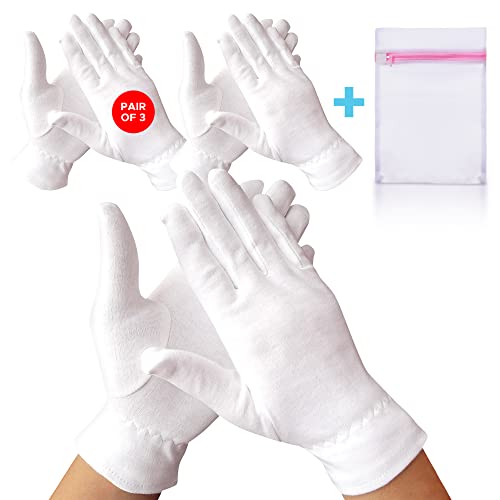 Luvas de algodão premium branco para dormir, 3 pares de luvas de algodão branco úteis para eczema e mãos secas, luvas hidratantes