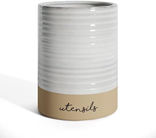 Barnyard projeta o suporte de utensílios de cozinha de fazenda cerâmica para bancada, suporte decorativo de utensílios de cozinha, suporte de utensílios de cozinha grande para balcão de cozinha, suporte de espátula de utensílios de utensílios, 6,5 branco