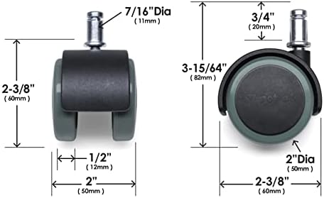 Slipstick CB680 Piso de 50 mm Proteção de borracha Cadeira de cadeira de escritórios Rodas Tamanho padrão do caule - preto/cinza