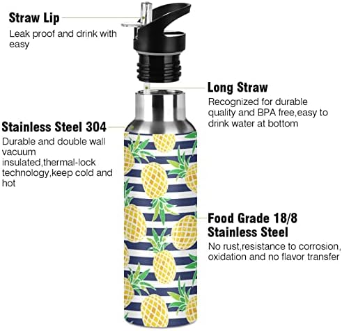 Cataku Pineapple Blue Stripe Sport Water Bottle 32oz com tampa de palha e alça de aço inoxidável duplo a vácuo