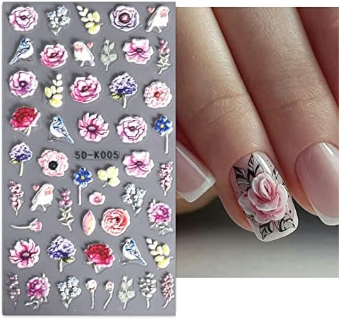 Yosomk 6 lençóis de florar adesivos de arte de flor decalques 5D Decalques de unhas em relevo primavera de suprimentos