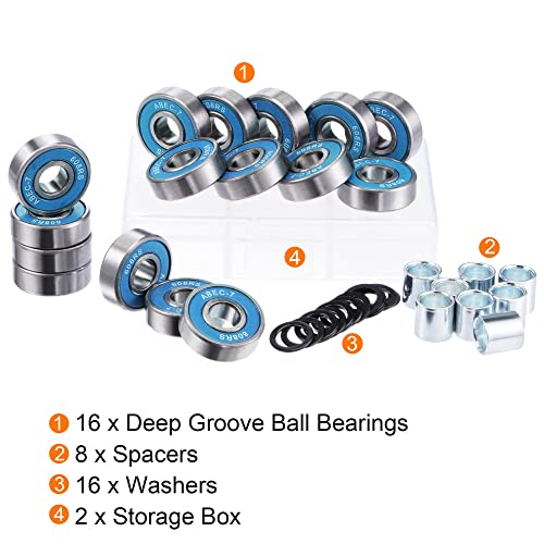 Uxcell 16pcs 608-2rs rolamentos de esferas azul para patins embutidos de skate Patins com espaçadoras lavadoras