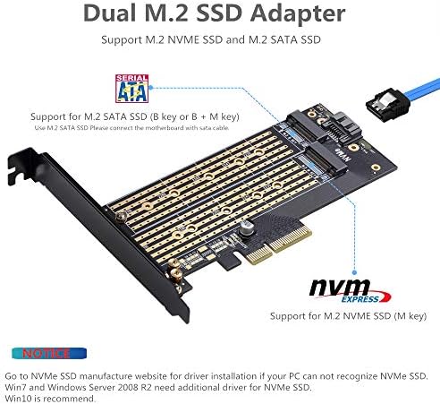 Adaptador PCIE Dual M.2 para SATA ou PCIE NVME SSD com solução avançada de dissipador de calor, M.2 SSD NVME e SATA 22110