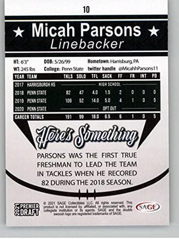 2021 Sage atingiu o premier draft #10 Micah Parsons Penn State Nittany Lions Pré Romado Card