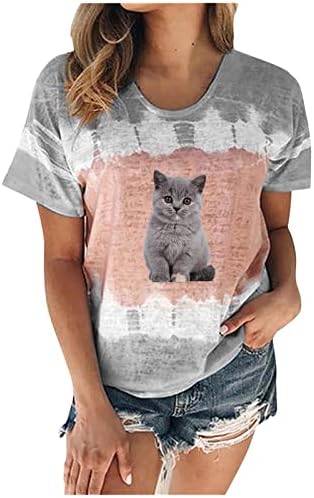 Tops fofos de gato estampes gráficas tees femininos verão solto fit shirt manga curta colcheia túnica de túnica camisetas camisetas