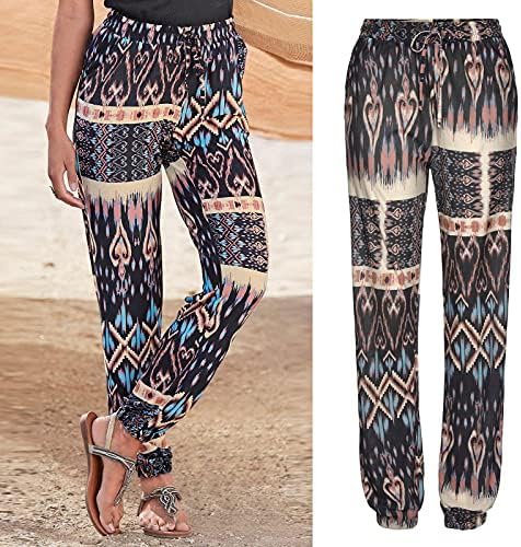 Calças casuais femininas com bolsos calças de calça de calça beia boho cintura alta impressão de calças casuais