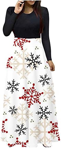 Vestidos maxi femininos mangas compridas Camisa de colher de pescoço vestido de Natal de Natal