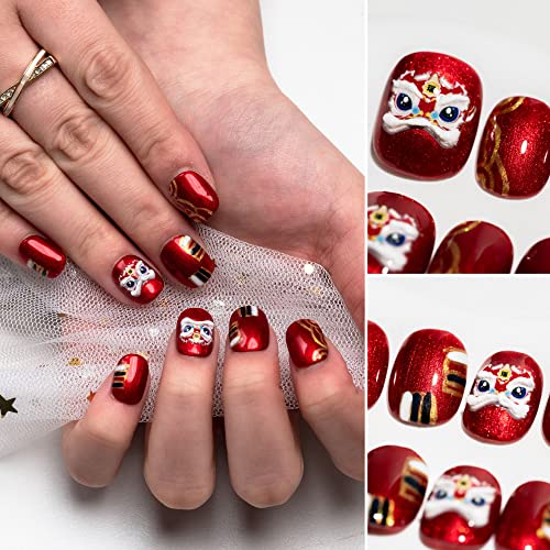 Sun & Beam Nails Handmade Round Red Red False Ughips com fofos Lion 3D Lion Charm Design Pressione Pressione nas unhas